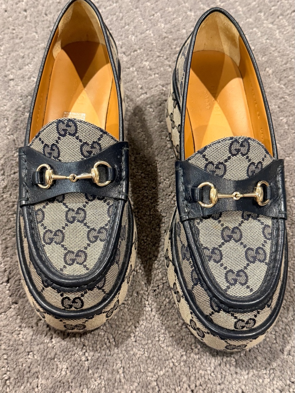 Gucci Beige GG Canvas and navy Leather Horsebit Loafers